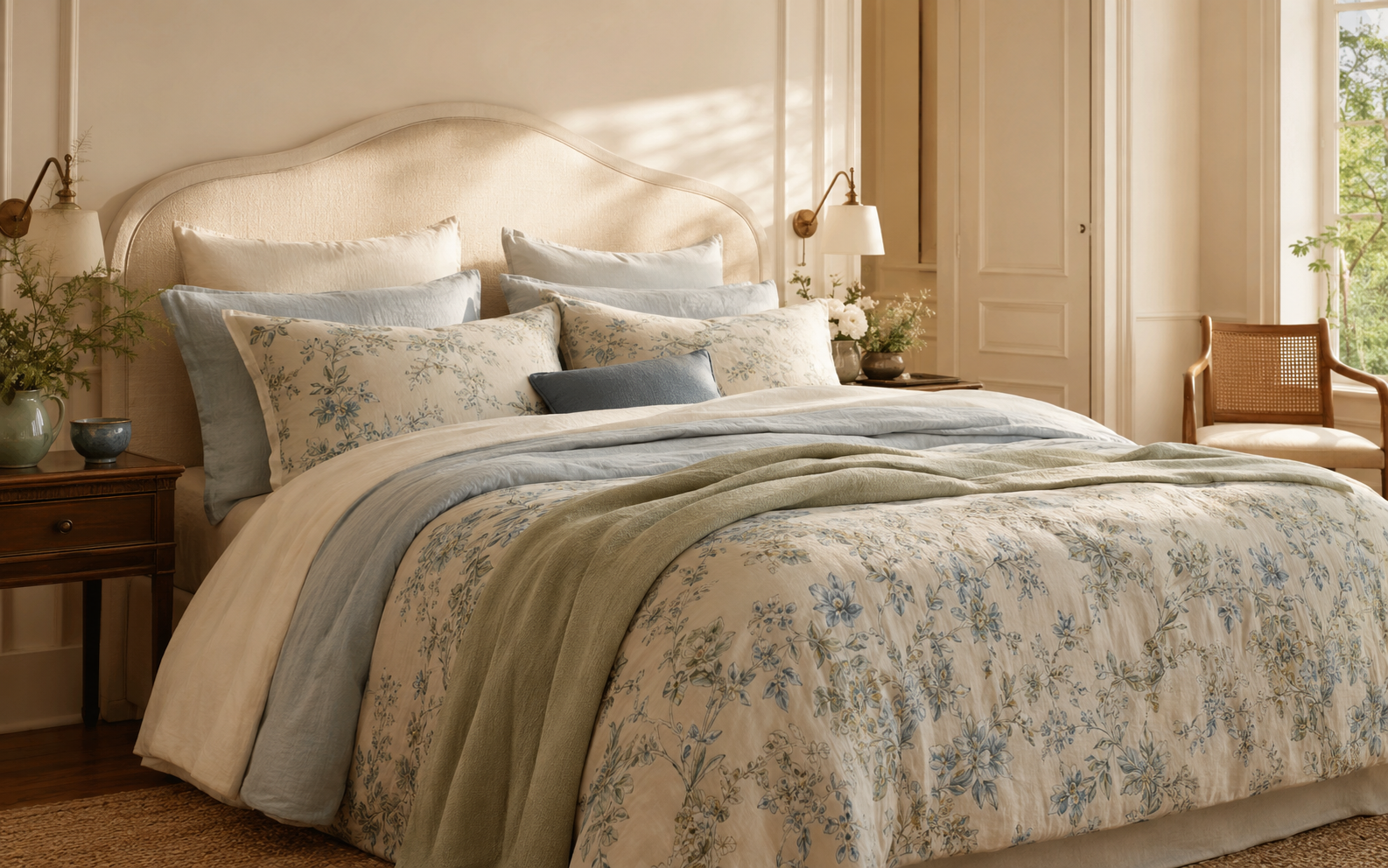 Luxurious floral bedding in a warm, sunlit bedroom